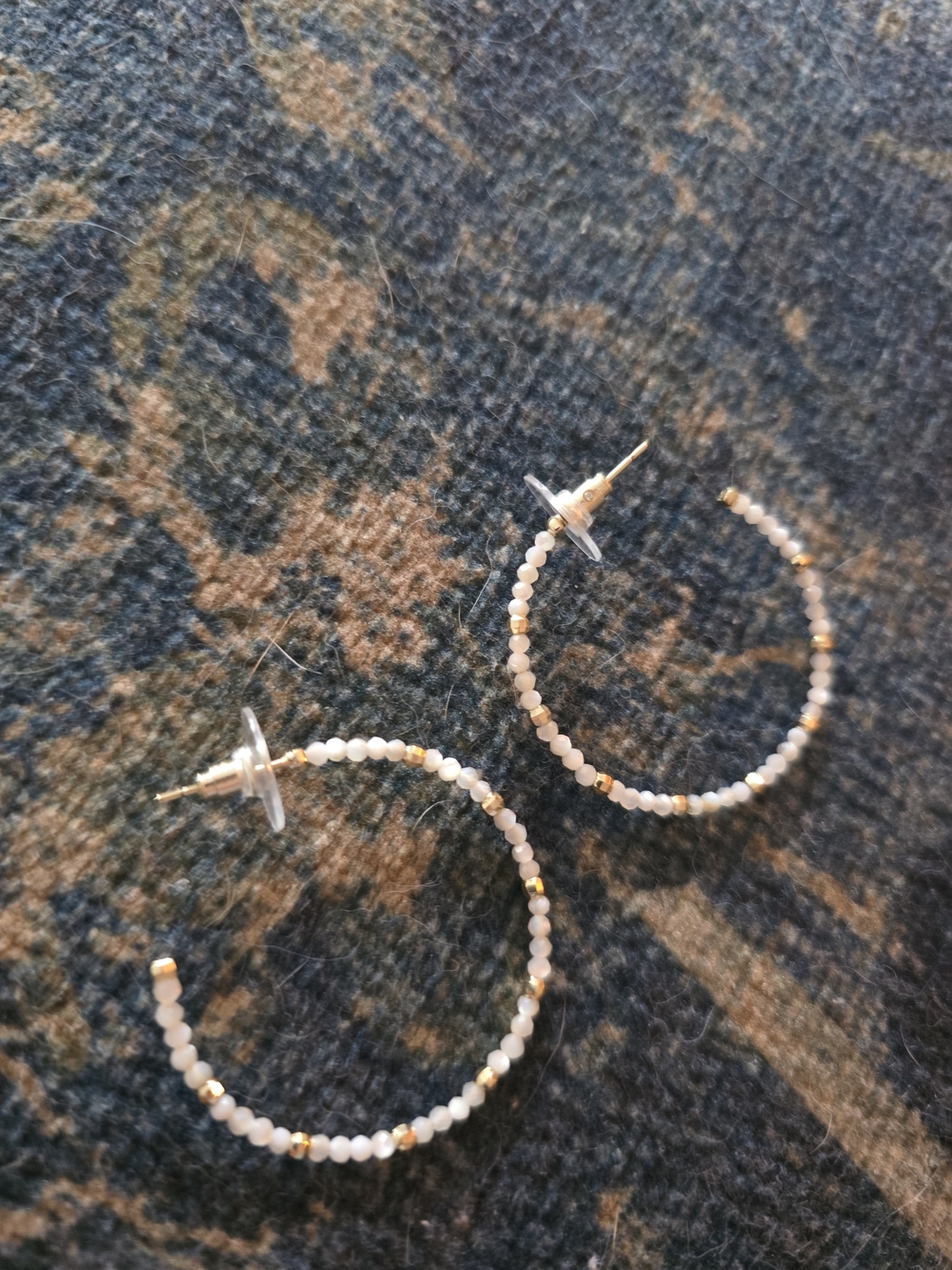 Hand Crafted White Beaded Hoop Earrings with Gold Accents